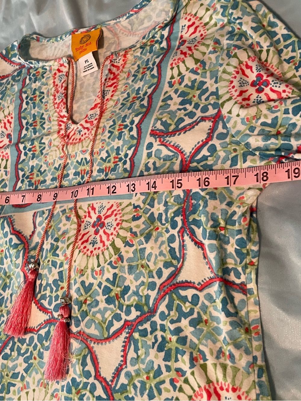 Ruby Rd Boho Medallion Tassel Top Rayon 3/4 Sleeve Pastel Tunic Women's PS - Picture 12 of 14